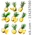 Set of pineapple with bright yellow flesh and green spiky leaves, isolated on white transparent background 134287080