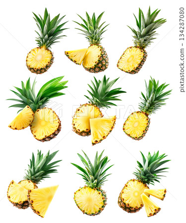 Set of pineapple with bright yellow flesh and green spiky leaves, isolated on white transparent background 134287080