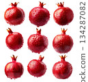 Set of Halved pomegranate showing juicy red seeds and vibrant details, isolated on white transparent background 134287082