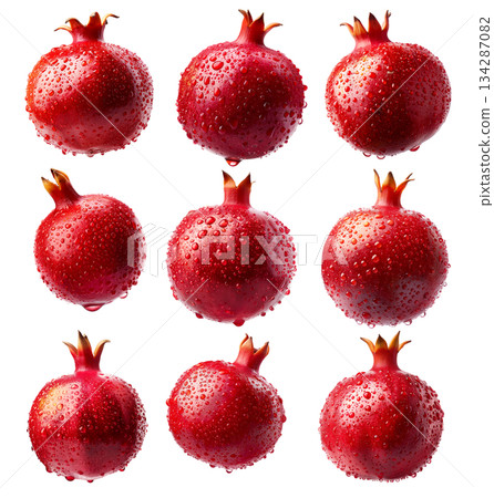 Set of Halved pomegranate showing juicy red seeds and vibrant details, isolated on white transparent background Set of Halved pomegranate showing juicy red seeds and vibrant details, isolated on white transparent background 134287082