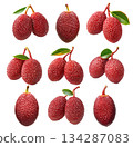 Set of lychees or salak with textured red skin and a green leaf, isolated on white transparent background 134287083