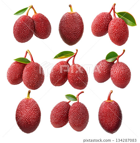 Set of lychees or salak with textured red skin and a green leaf, isolated on white transparent background Set of lychees or salak with textured red skin and a green leaf, isolated on white transparent background 134287083