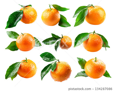 Fresh tangerine fruit with dew drops and green leaves isolated on white transparent background Fresh tangerine fruit with dew drops and green leaves isolated on white transparent background 134287086