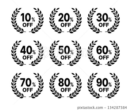 桂冠促銷折扣率（10-90% OFF）圖示標籤集，黑白背景 134287384