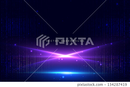 Abstract blue and purple light ray with square pattern element on dark background. 134287419
