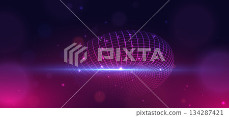 Abstract mesh curve glowing pink with lighting effect sparkle on dark blue backgroung. 134287421