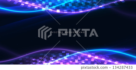 Blue and purple neon wave lines glowing with square pattern decor on dark background. 134287433