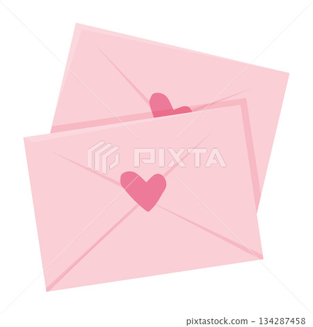 Envelope Love letters with hearts, cute pink romantic mail with stamp, airmail, postcard. Wedding and Valentine Day Decoration design elements. 134287458