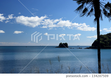 The blue waters and sky of the Pacific Ocean can be seen from the unmanned station next to the coast 134287509
