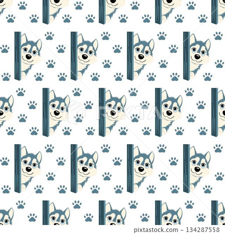 Cute husky dog seamless pattern with paws. Cute husky dog seamless pattern with paws. 134287558