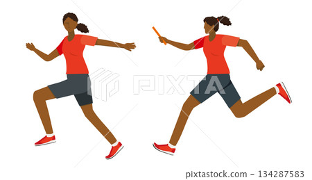 Illustration set of black female runners passing the relay baton | Track and field, sprint 134287583