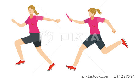 一組白人女運動員傳遞接力棒的插圖 | 田徑,短跑 一組白人女運動員傳遞接力棒的插圖 | 田徑,短跑 134287584