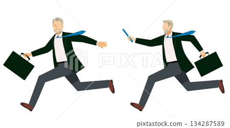 Illustration of a running elderly male businessman passing the baton for business | Business succession / job handover 134287589