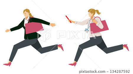 Illustration of a running Caucasian female businessman passing the baton in business | Business succession / job handover 134287592
