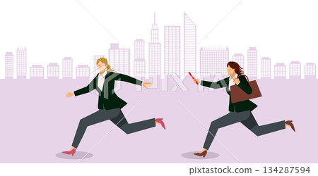 Illustration of a running female businessman passing the baton for business | Business succession / job handover Building background 134287594
