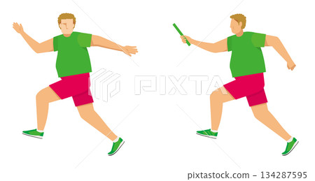 Illustration set of a fat Caucasian male runner passing the relay baton | Track and field, sprint 134287595