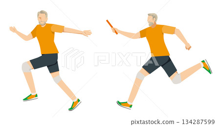 Illustration set of elderly Caucasian male runners passing the relay baton | Track and field, sprint 134287599