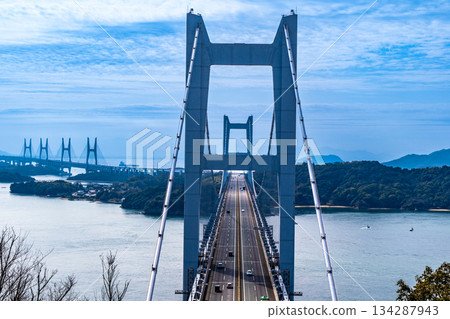 The Great Seto Bridge seen from Mt. Washu in early spring 2, Kurashiki City, Okayama Prefecture 134287943