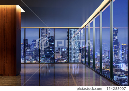 Ultra-luxurious, dark, and modern empty room with city skyline view at night 3d render. 134288007