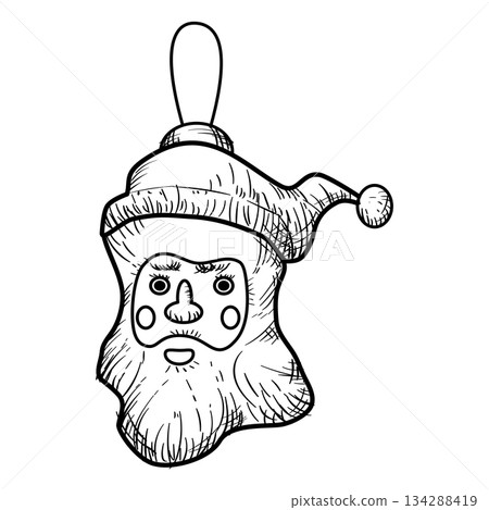 Christmas Santa head toy decor icon hand drawn, doodle sketch black line art 134288419