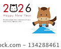 2026 New Year's card Horse face icon decorative letter 2026 and Mount Fuji jump 134288461