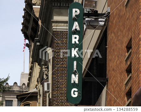 vintage car parking green sign in Cincinnati old town downtown 134288559