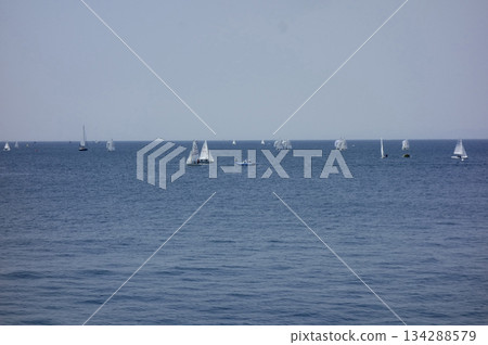 Zushi City and Hayama Town, Kanagawa Prefecture: Sails of yachts and windsurfers can be seen on the distant sea. Zushi City and Hayama Town, Kanagawa Prefecture: Sails of yachts and windsurfers can be seen on the distant sea. 134288579