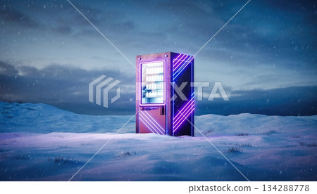 A glowing futuristic vending machine stands alone in a snowy field beneath a quiet night sky, creating a surreal winter scene filled with neon color, cold silence, calm atmosphere 134288778
