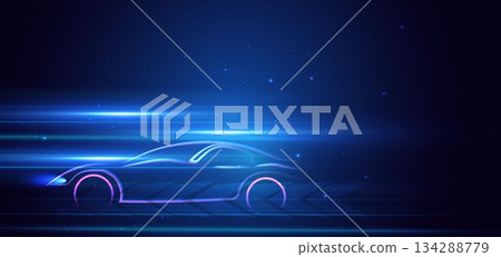 Sport car on hi-speed motion moving concept on light blue background. 134288779