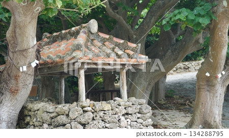 An old red-tiled roof building on Taketomi Island 134288795