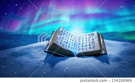 A glowing open book rests beneath the vibrant northern lights, creating a magical winter scene filled with bright colors, soft atmosphere, quiet beauty, and dreamlike shimmering inspiration A glowing open book rests beneath the vibrant northern lights, creating a magical winter scene filled with bright colors, soft atmosphere, quiet beauty, and dreamlike shimmering inspiration 134288969