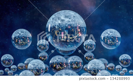 A collection of glowing crystal globes floats in the winter sky reflecting a distant city, creating a surreal magical vision filled with depth, wonder, soft light, and gentle shimmering atmosphere 134288993