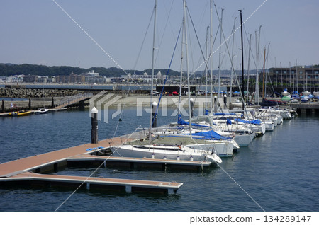 Hayama Town, Kanagawa Prefecture: Boats and yachts moored at Hayama Marina Yacht Harbor Hayama Town, Kanagawa Prefecture: Boats and yachts moored at Hayama Marina Yacht Harbor 134289147