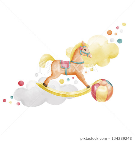 Toys for toddlers. Diagonal composition with a rocking horse, ball, clouds, and colorful dots. Watercolor illustration isolated on a white background suitable for cards, decor, and prints. 134289248