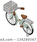 一輛帶有前置車籃的自行車等距向量插圖。包含主要線條，左側視角，車尾朝向。 134289347