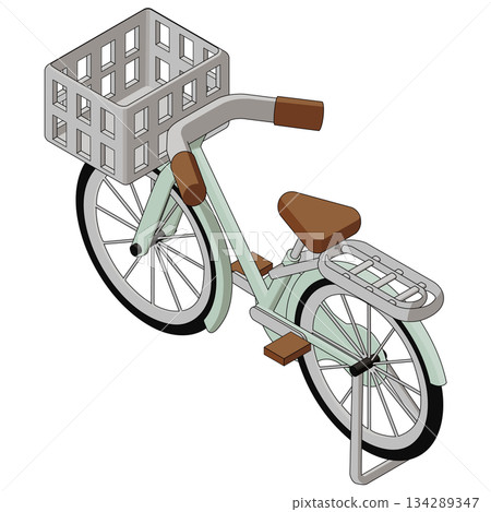 一輛帶有前置車籃的自行車等距向量插圖。包含主要線條，左側視角，車尾朝向。 134289347