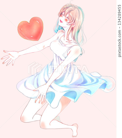 Happy woman with open arms and heart, love, whole body Happy woman with open arms and heart, love, whole body 134289455