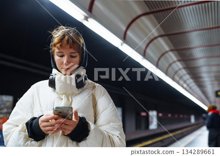 young woman in underground city transport 134289661
