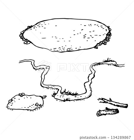 Lakes and a river with logs in vector style 134289867