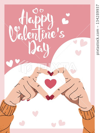 Love Card with Two Hands Forming a Heart Symbol in Flat Style Illustration. Ideal for Banners, Posters, Social Media Posts, Stickers, Prints and Valentines Day Design. Love Card with Two Hands Forming a Heart Symbol in Flat Style Illustration. Ideal for Banners, Posters, Social Media Posts, Stickers, Prints and Valentines Day Design. 134289937