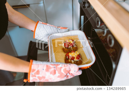 homemade bruschetta with tomatoes and cheese 134289985
