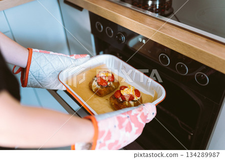 homemade bruschetta with tomatoes and cheese 134289987