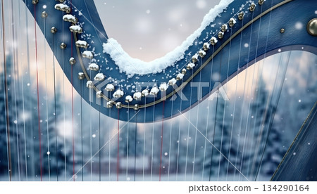 Close-up of harp strings covered in frost, artistic winter macro uniting music, beauty, and frozen texture in elegant detail of light and sound 134290164
