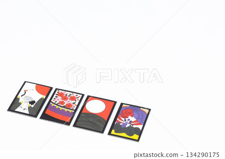 "Shiko" hand of Hanafuda cards placed on a white background, a traditional Japanese card game "Shiko" hand of Hanafuda cards placed on a white background, a traditional Japanese card game 134290175