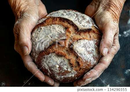 old hands with wrinkles, stained flour, hold round rye bread, low key, top view 134290355