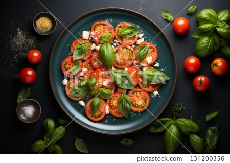 flat lay tomatoes with basil parmesan cheese on plate on black background 134290356