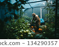 gardener looks after beds in garden in greenhouse, tomatoes, 134290357