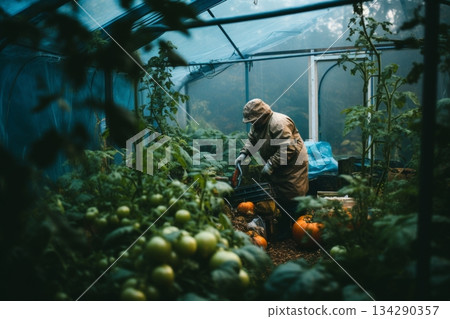 gardener looks after beds in garden in greenhouse, tomatoes, 134290357