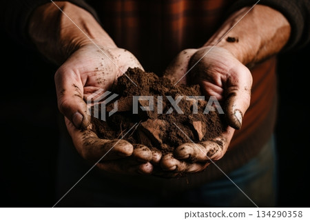 aged hands, wrinkles, holding soil, low key 134290358