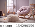 Cozy living room design featuring soft rocking chair and pastel color scheme for comfort 134290359